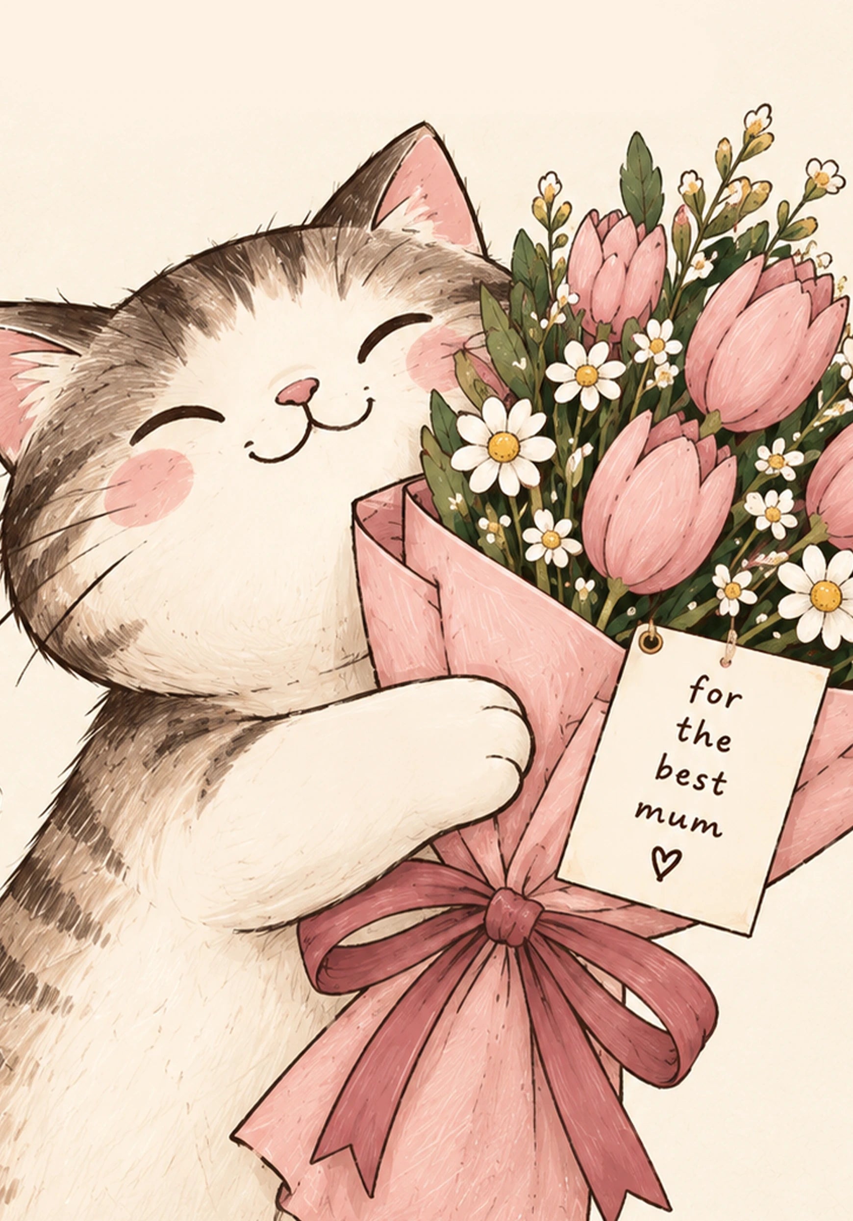Cute Cat Floral Bouquet Mummy Birthday Card for Her