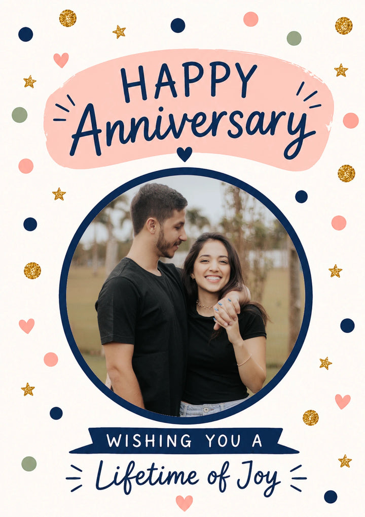 Confetti Hearts Happy Anniversary Photo Upload Card for Her