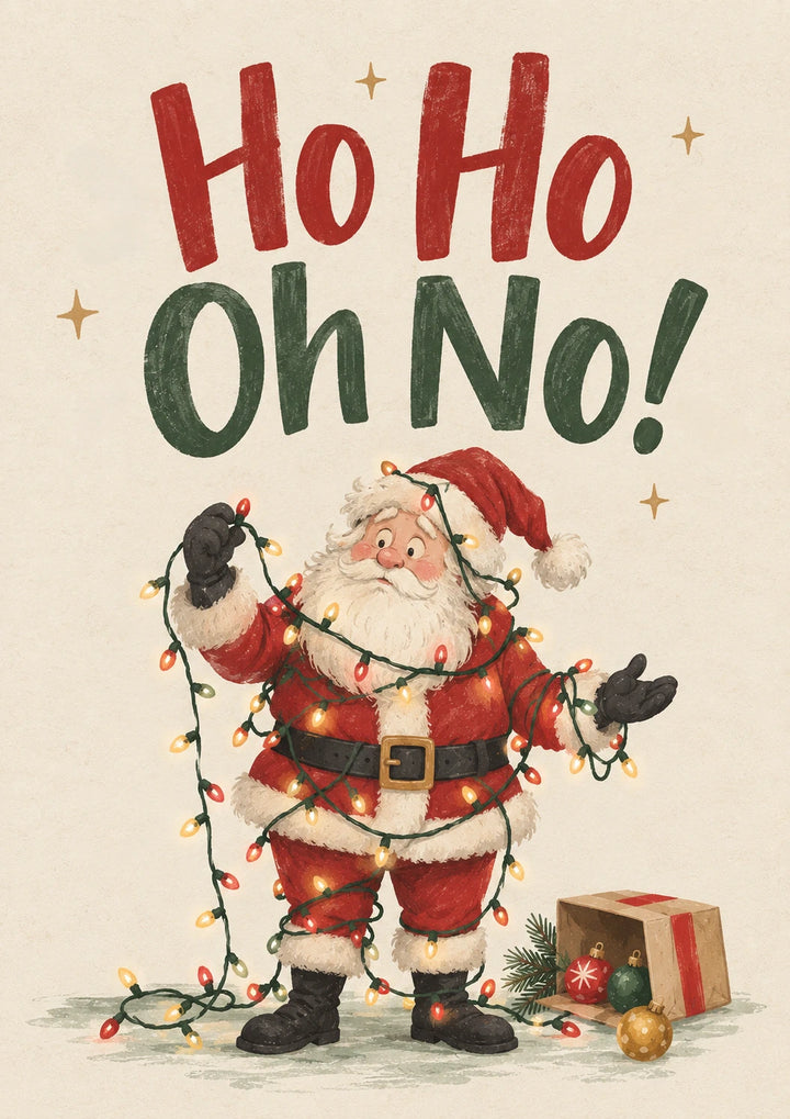 Funny Santa Tangled in Lights Christmas Card