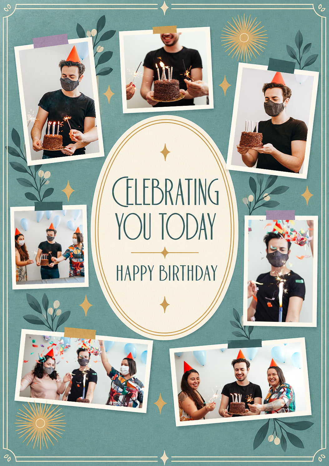Celebrating You Today Botanical 8 Photo Upload Birthday Card