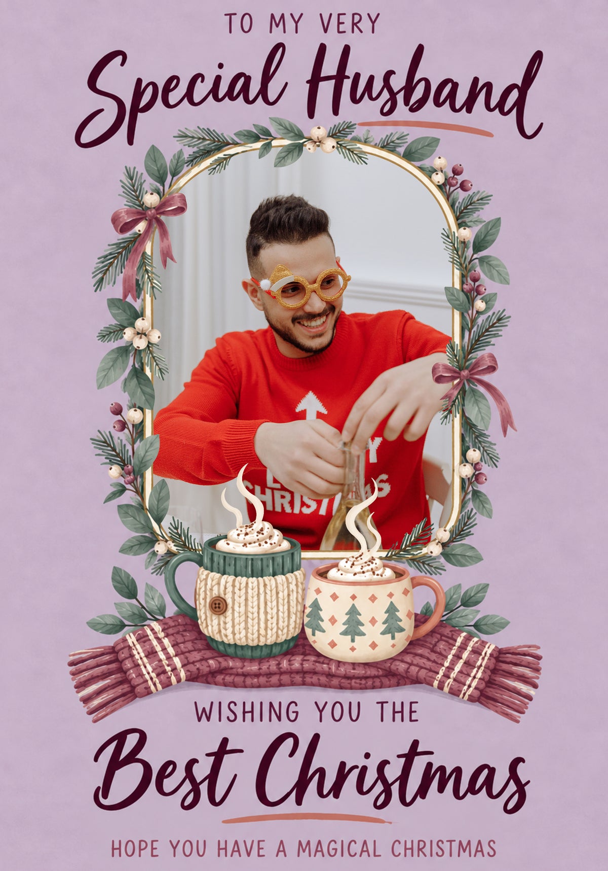 Festive Mugs and Wreath Photo Upload Christmas Card for Him