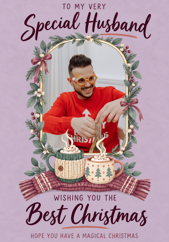 Festive Mugs and Wreath Photo Upload Christmas Card for Him