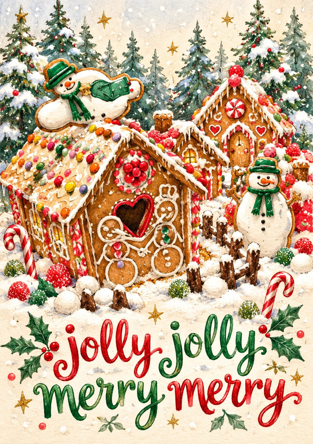 Gingerbread Village Snowman Jolly Merry Christmas Card