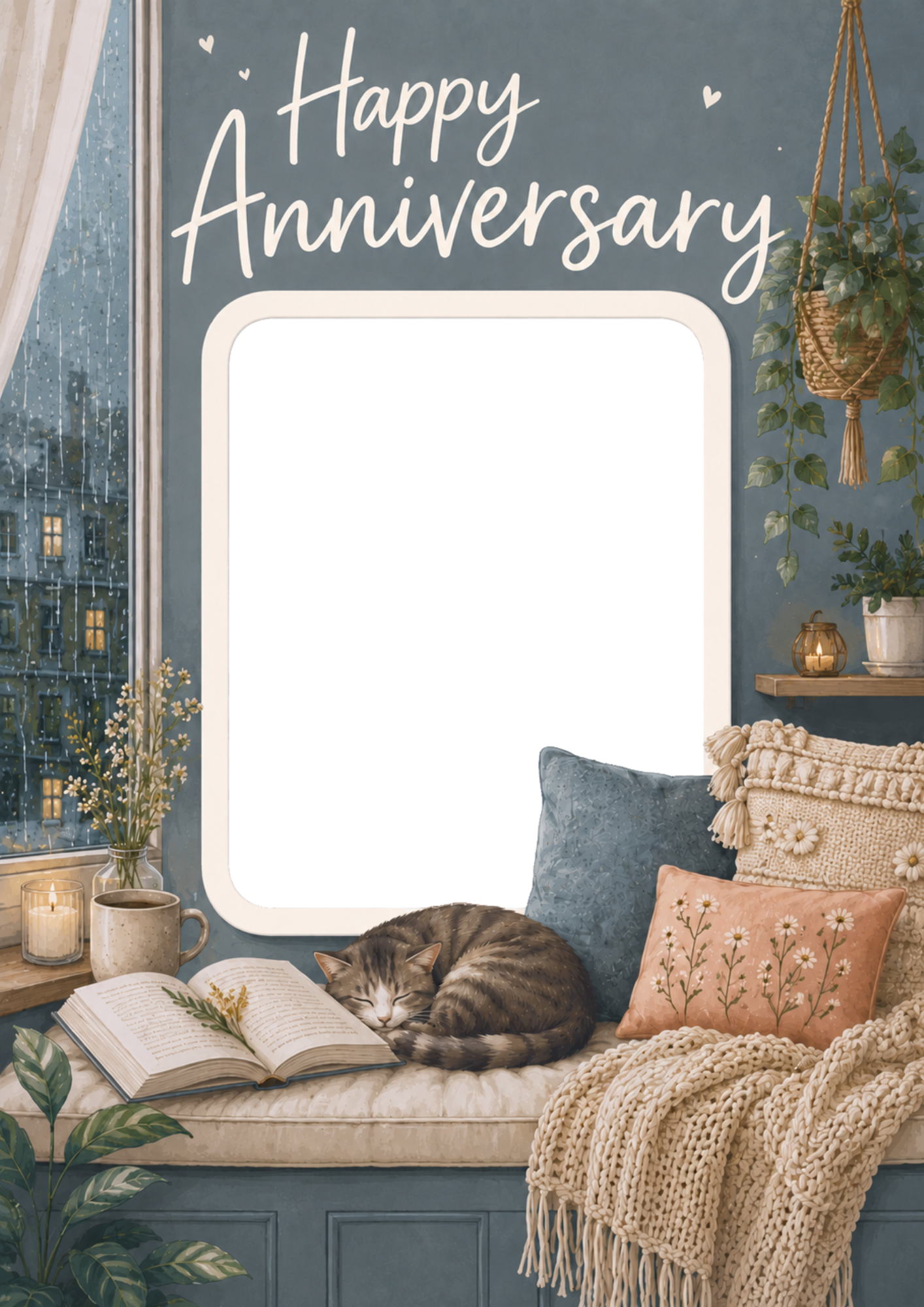 Cosy Rainy Day Reading Nook Photo Upload Anniversary Card