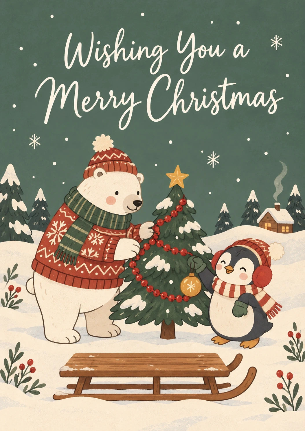Polar Bear and Penguin Decorating Tree Christmas Card for Him