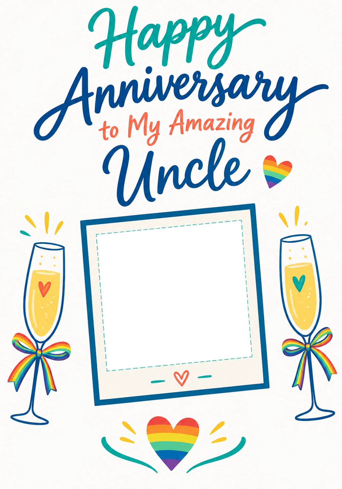 Rainbow Heart Champagne Uncle Photo Upload Anniversary Card