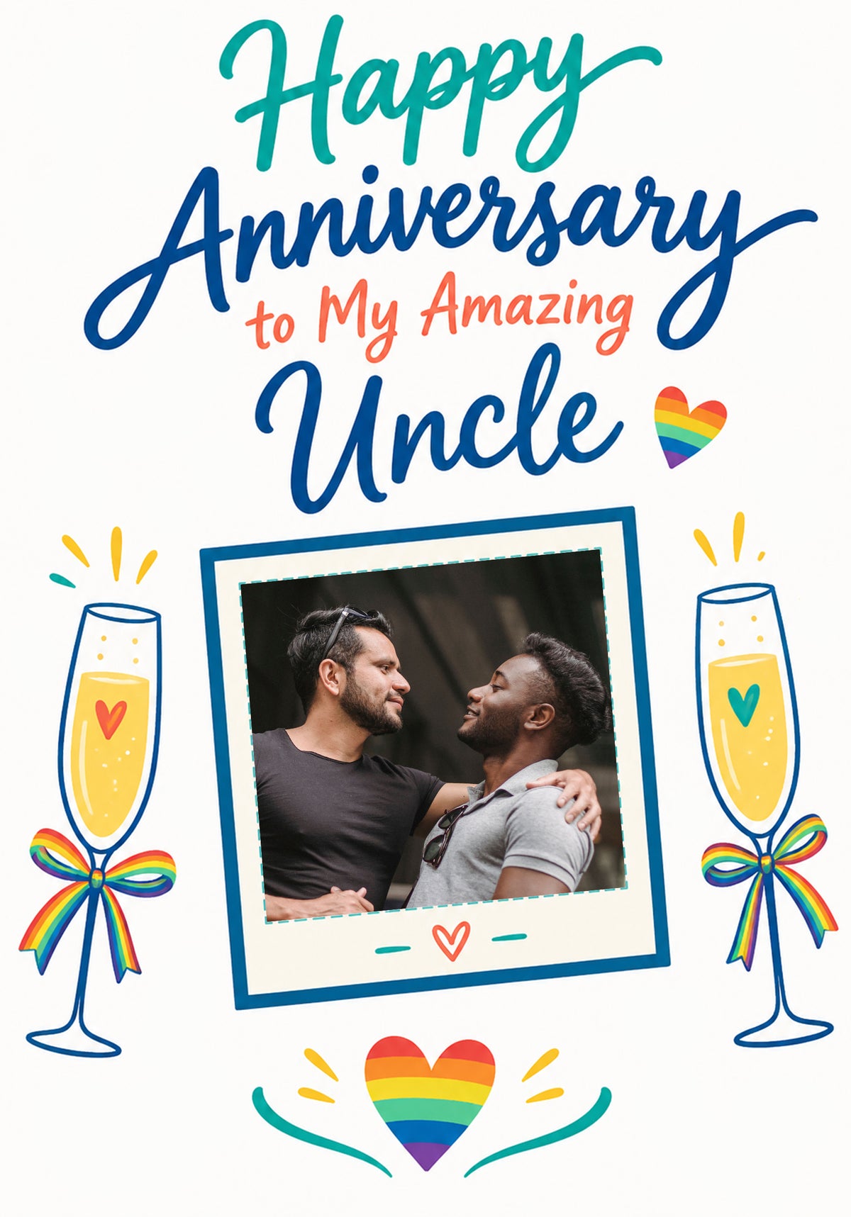 Rainbow Heart Champagne Uncle Photo Upload Anniversary Card