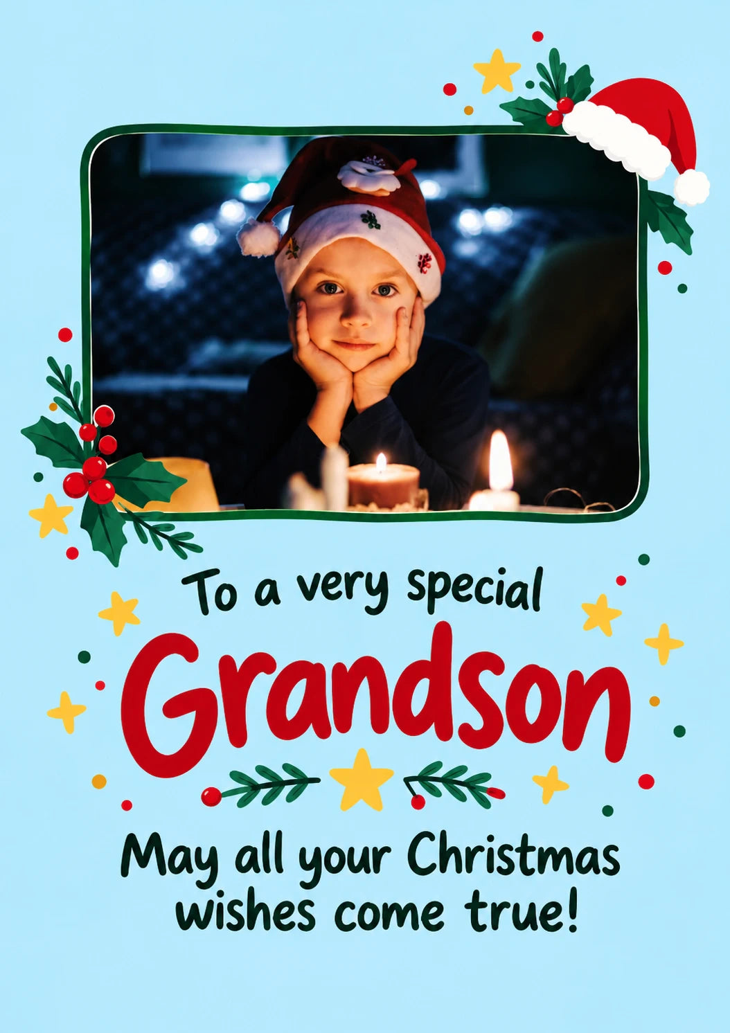 Festive Candles From the Heart Photo Upload Christmas Card for Grandson