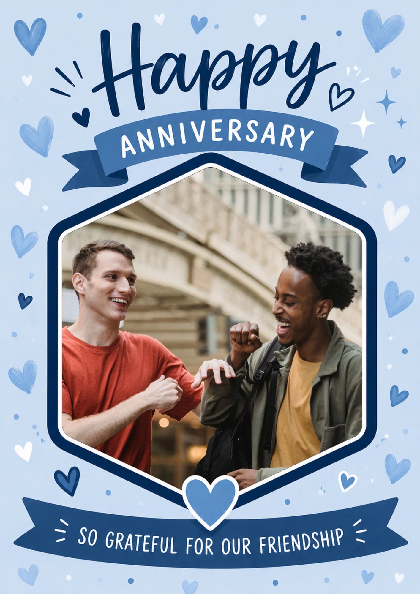 Blue Hearts So Grateful for Our Friendship Photo Upload Anniversary Card