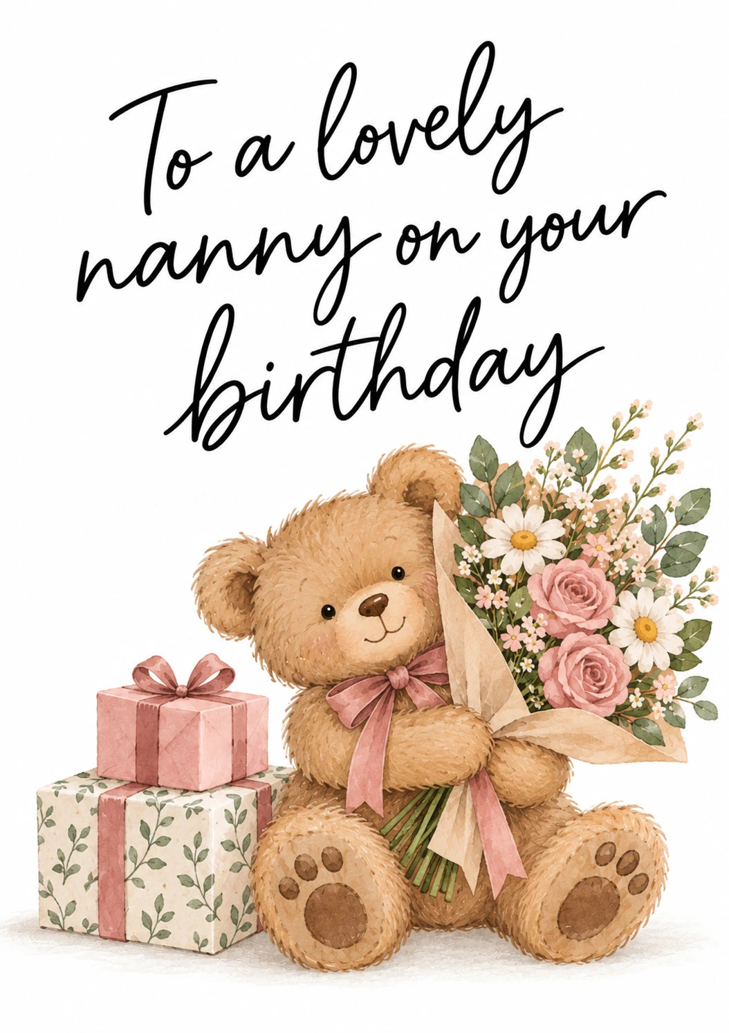 Cute Teddy Bear Floral Bouquet Nanny Birthday Card for Her