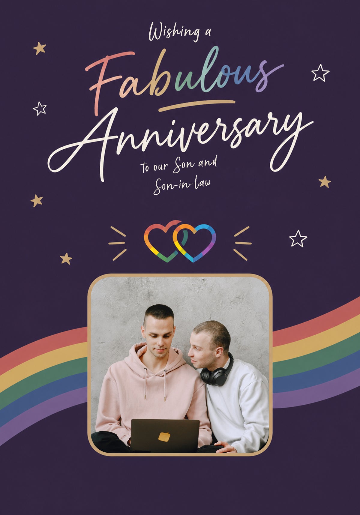 Rainbow Pride Hearts Son and Son-in-Law Photo Upload Anniversary Card