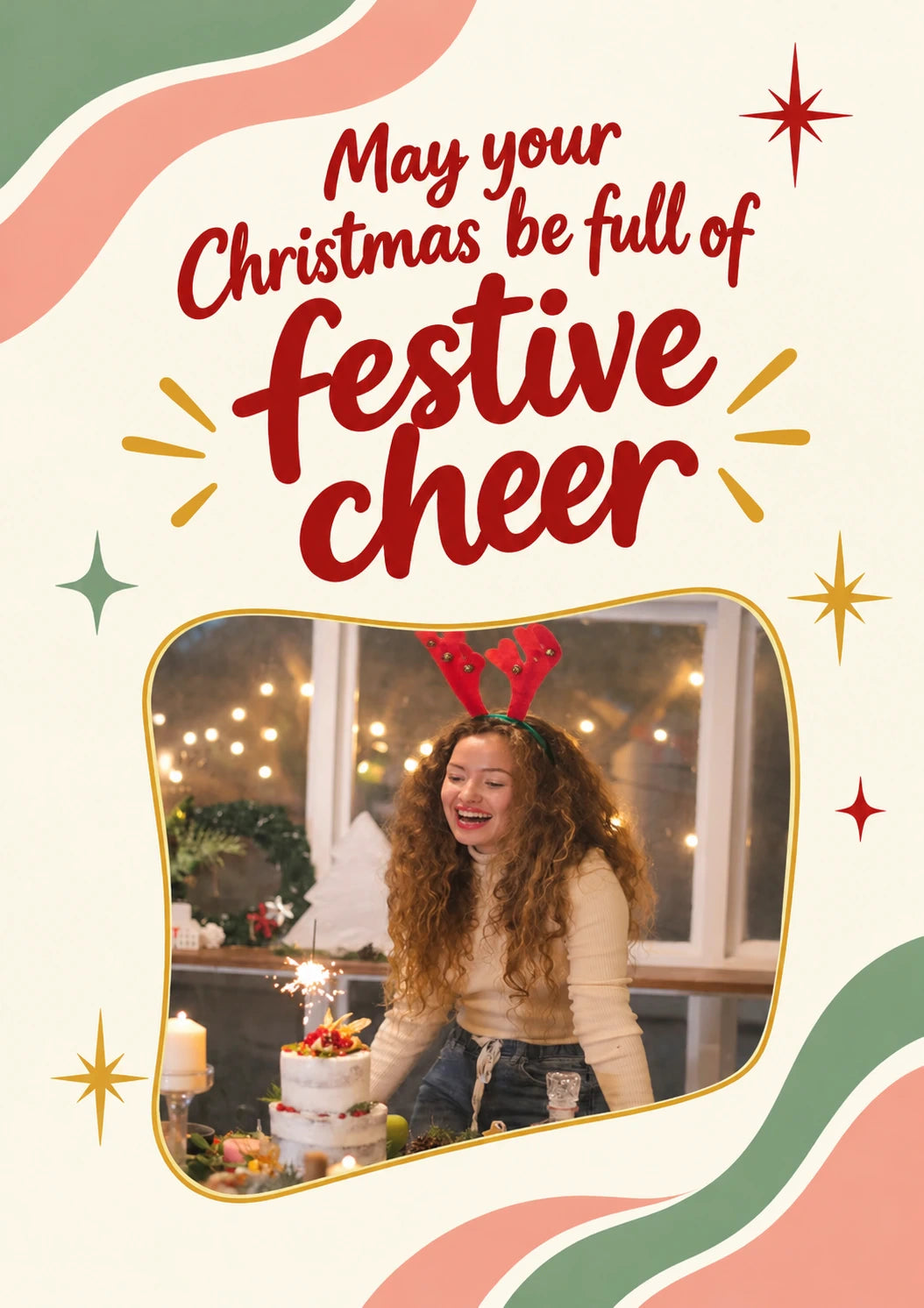 Festive Cheer Curly Hair Photo Upload Christmas Card for Cousin