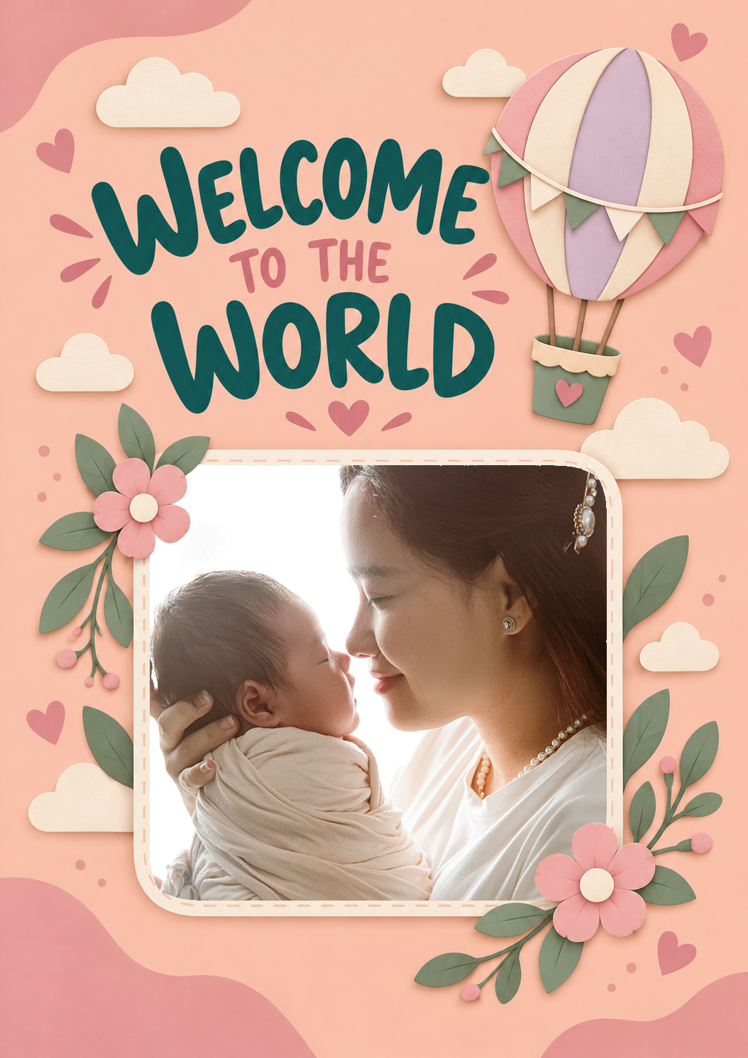 Hot Air Balloon Floral Photo Upload New Baby Card for Niece