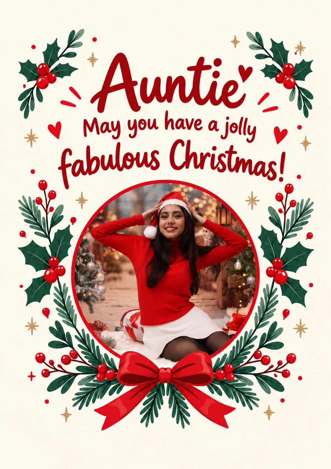 Jolly Fabulous Holly Wreath Photo Upload Christmas Card for Auntie