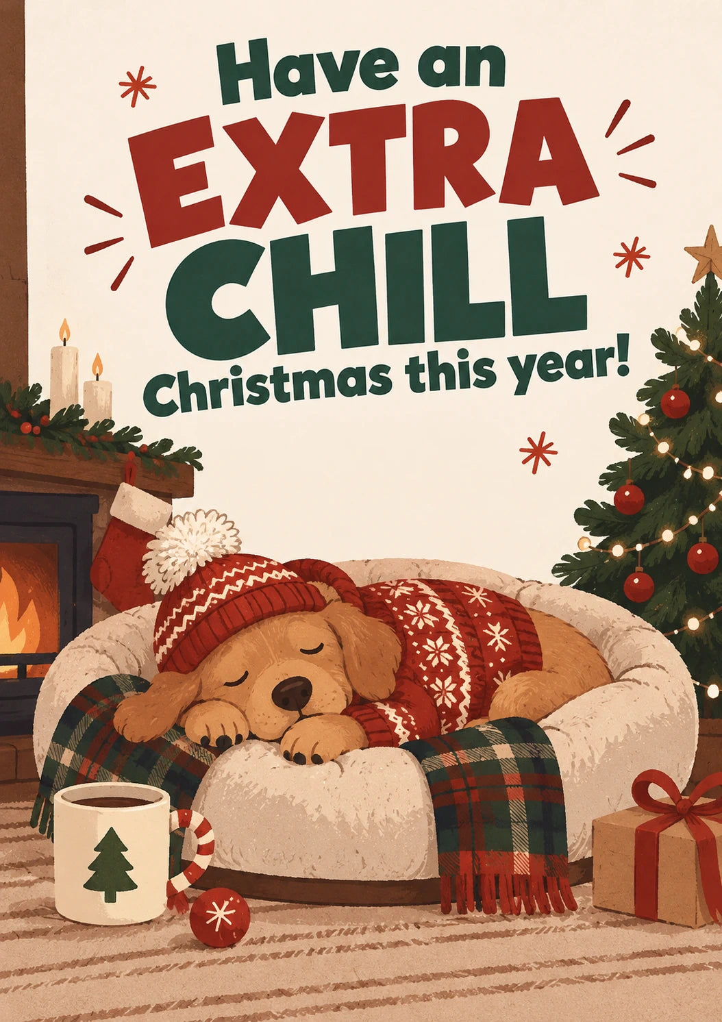 Funny Cosy Sleeping Dog Christmas Card for Granddaughter