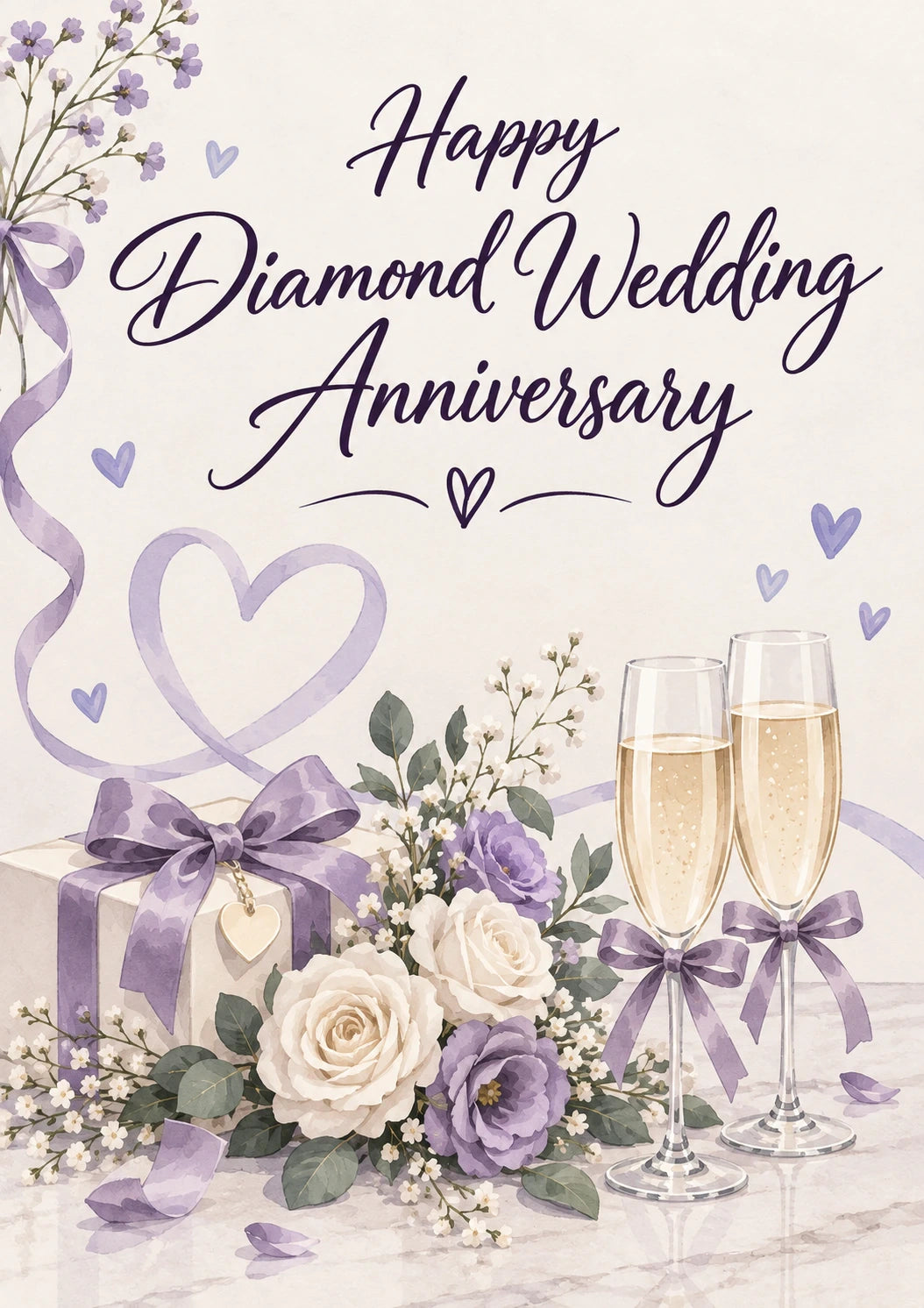Purple Floral Champagne Diamond Wedding Anniversary Card