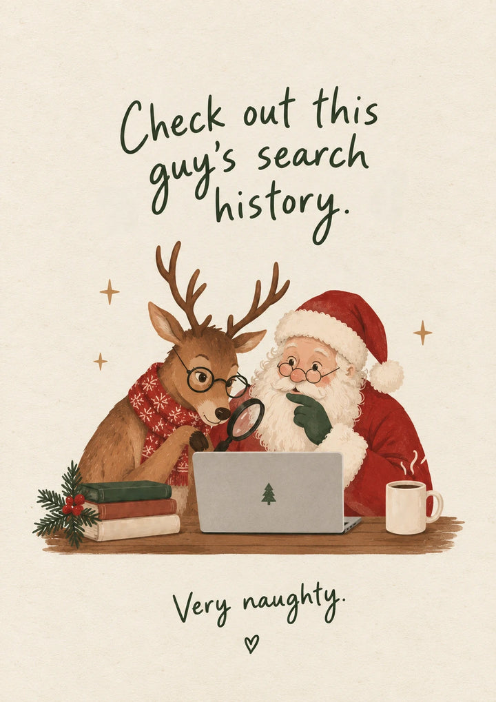 Funny Santa Checking Search History Christmas Card for Him