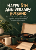 Load image into Gallery viewer, Vinyl Record and Coffee Cosy 5th Anniversary Card for Him
