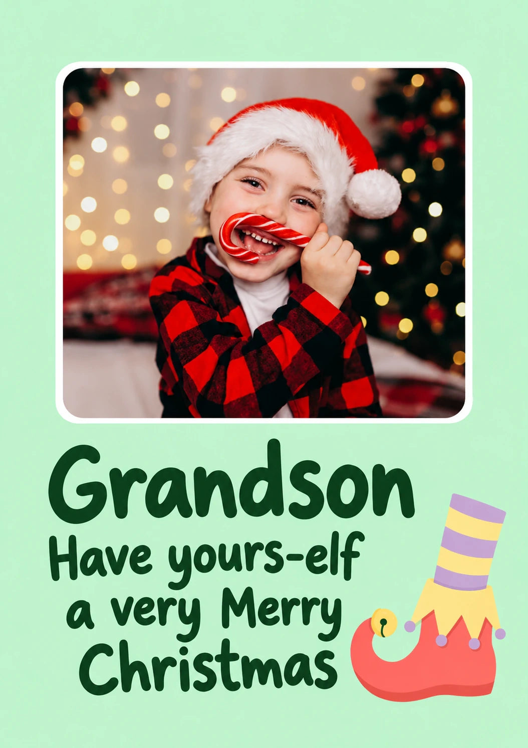 Funny Have Yours-Elf Merry Photo Upload Christmas Card for Grandson