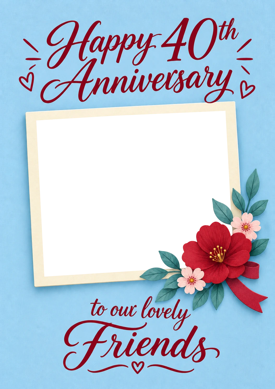 Red Floral Friends Photo Upload 40th Anniversary Card