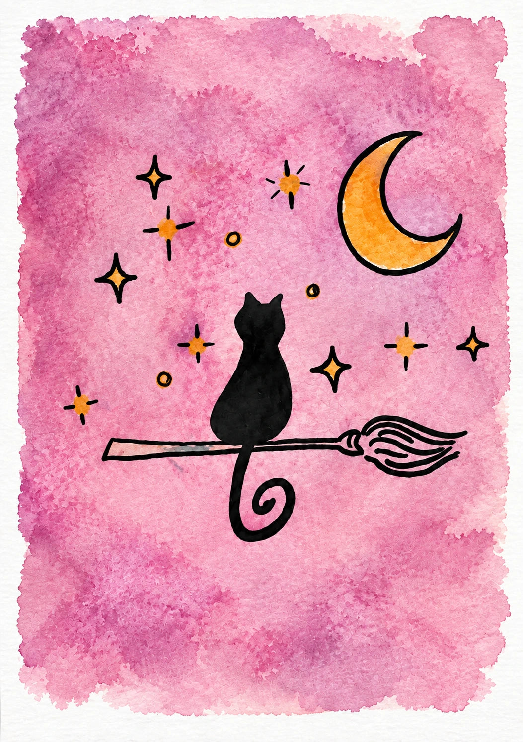 Black Cat on Broomstick Halloween Card for Her