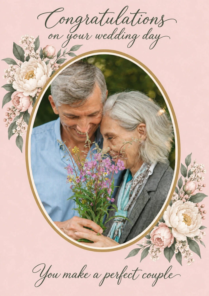 Floral Peony Congratulations Photo Upload Wedding Card