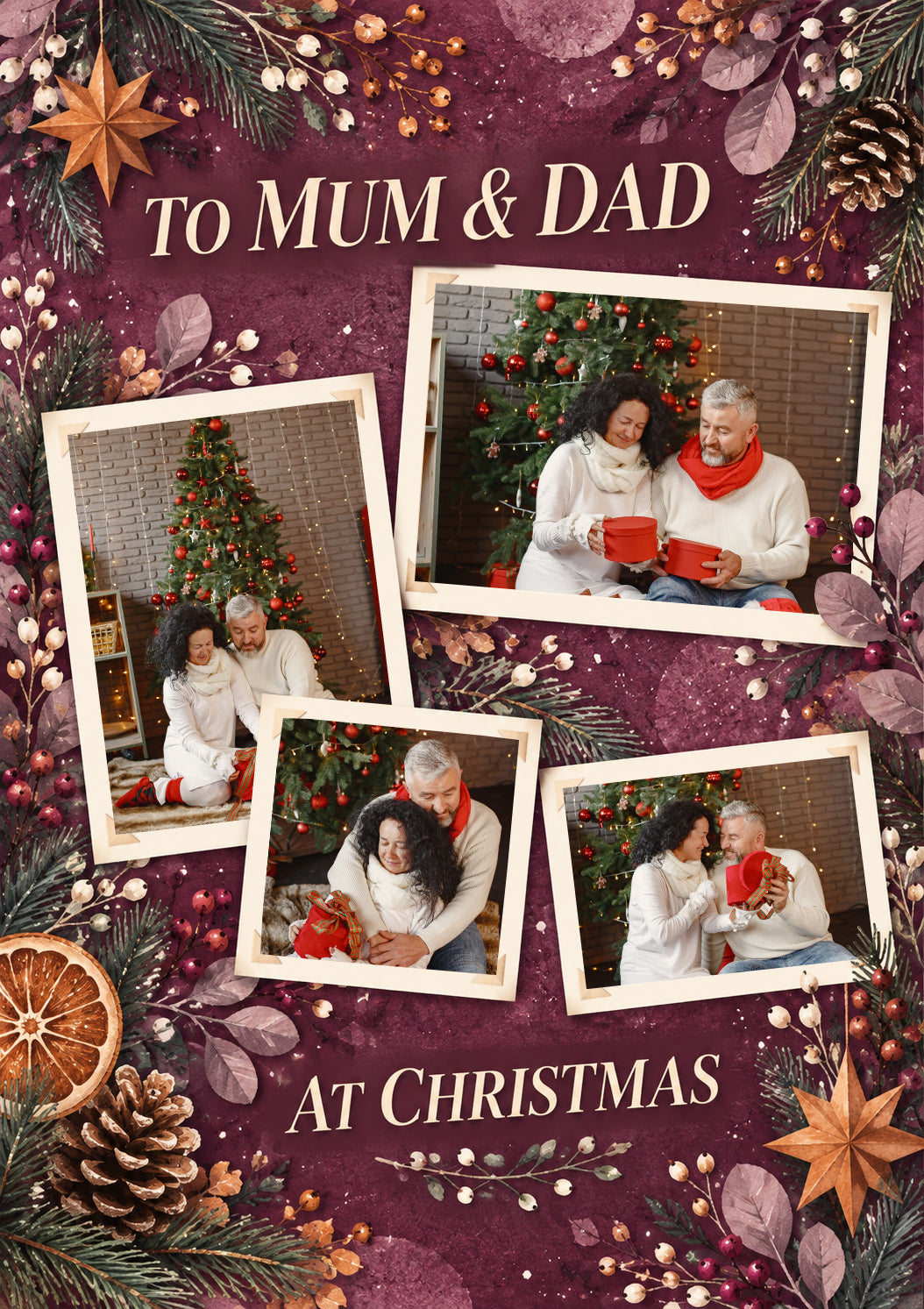 Burgundy Botanical Mum & Dad Photo Upload Christmas Card