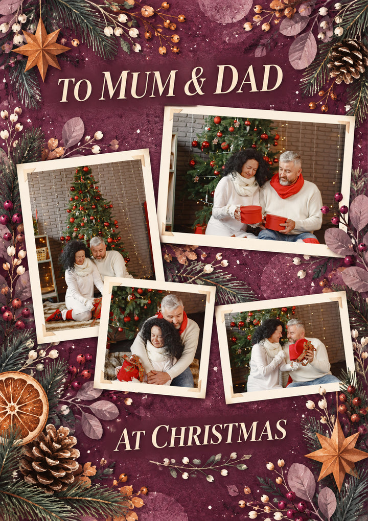 Burgundy Botanical Mum & Dad Photo Upload Christmas Card