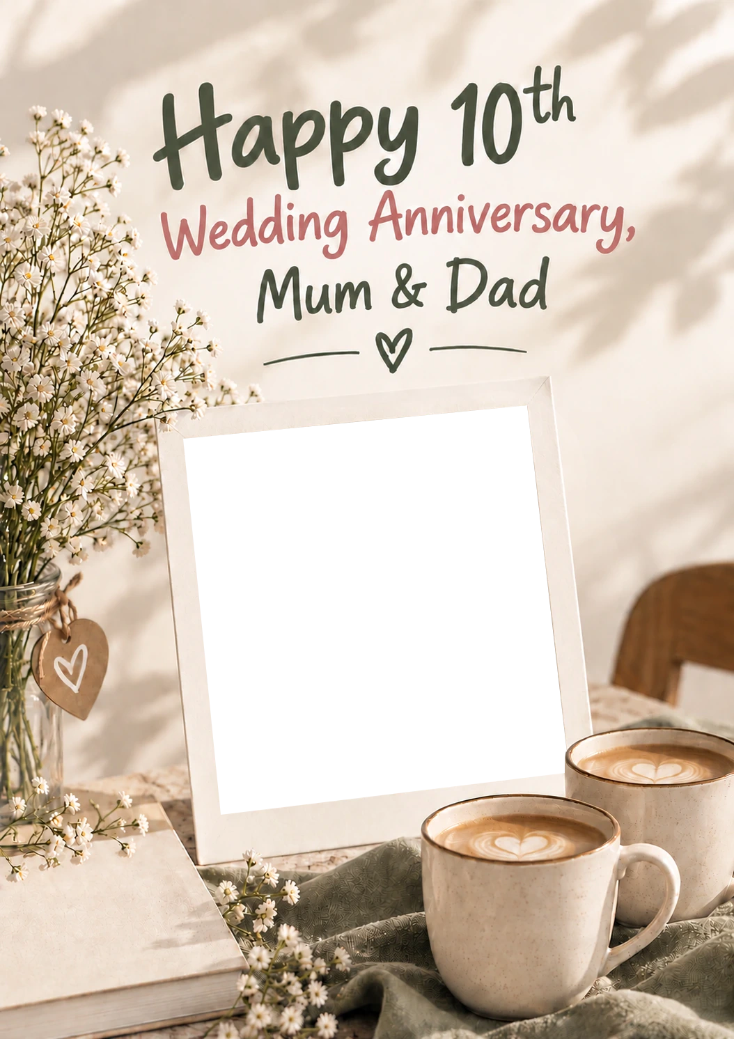 Cosy Floral Frame Mum & Dad Photo Upload 10th Anniversary Card
