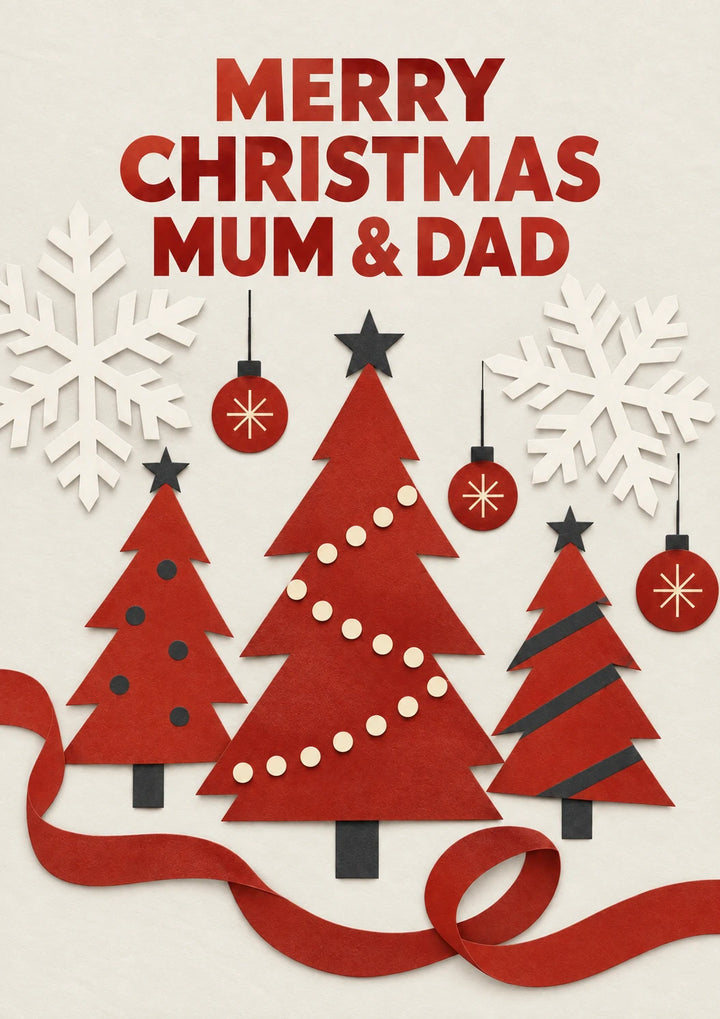 Red Paper Cut Christmas Trees Mum & Dad Christmas Card