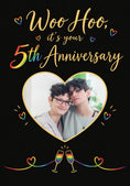 Load image into Gallery viewer, Rainbow Hearts Woo Hoo 5th Photo Upload Anniversary Card
