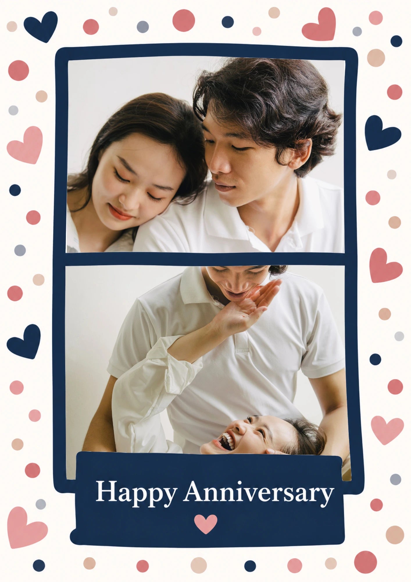 Navy Hearts and Confetti Photo Upload Anniversary Card for Her