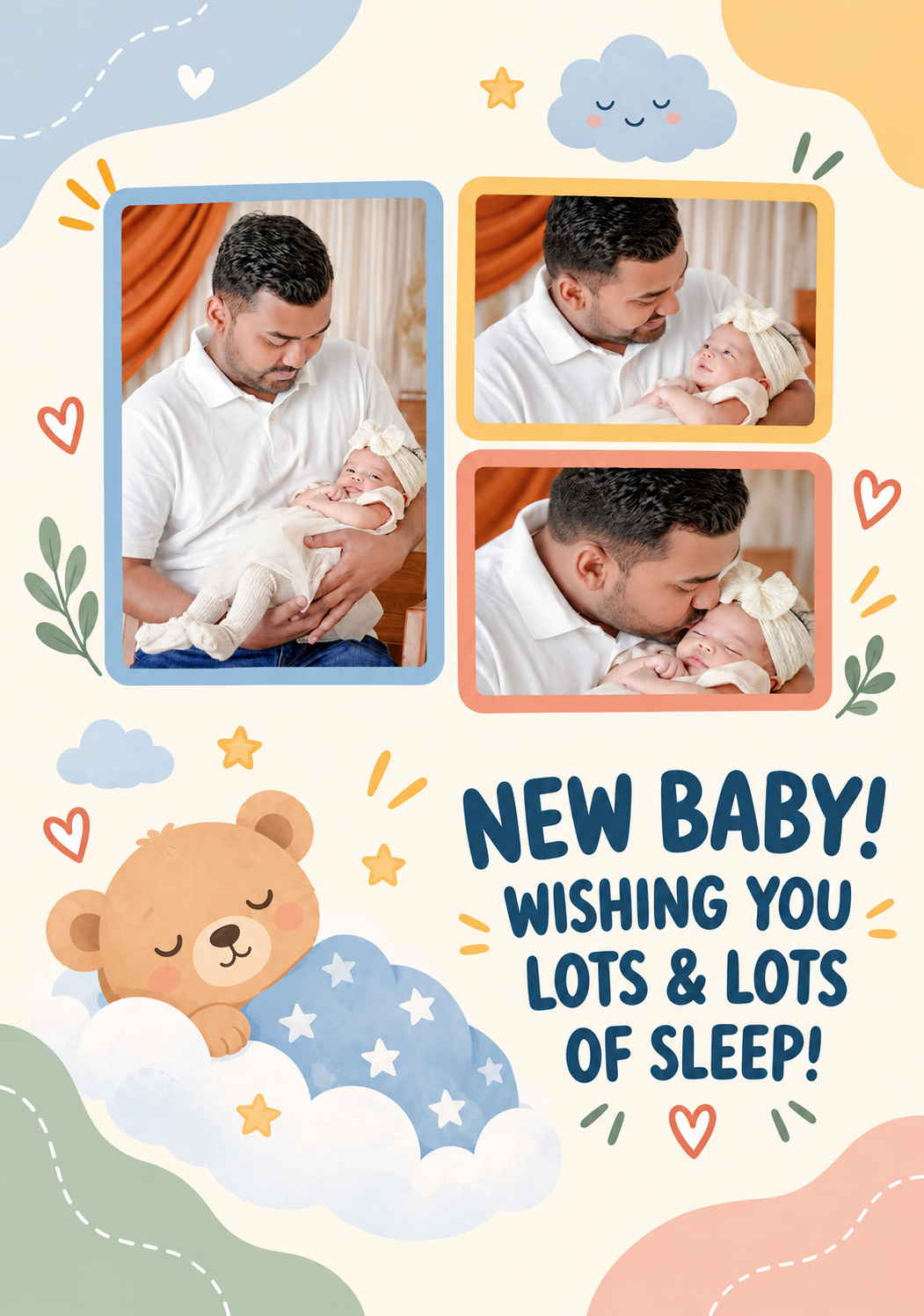 Funny Sleeping Bear Multiple Photo Upload New Baby Card for Daughter