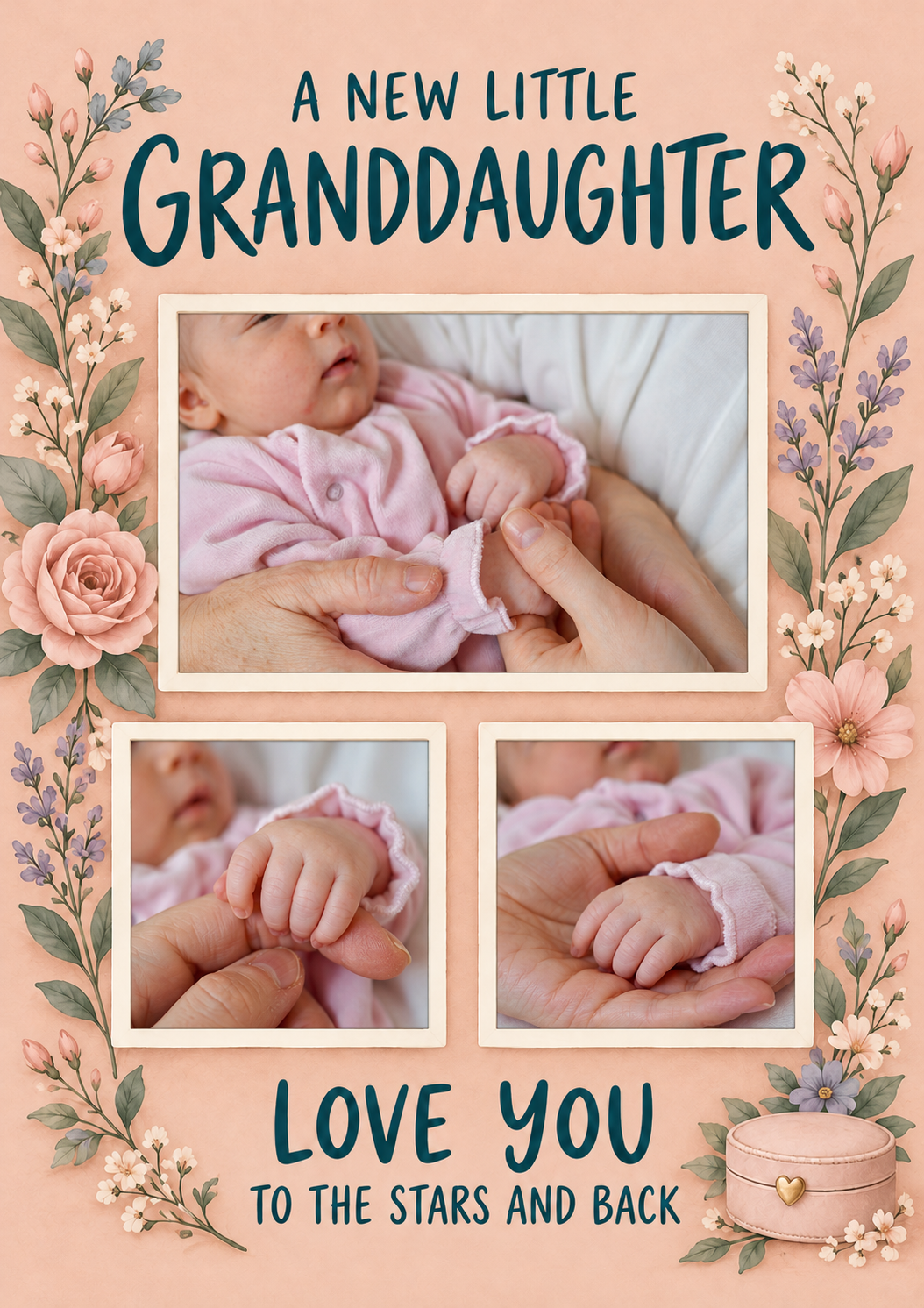 Floral From the Heart 3 Photo Upload New Baby Card for Granddaughter