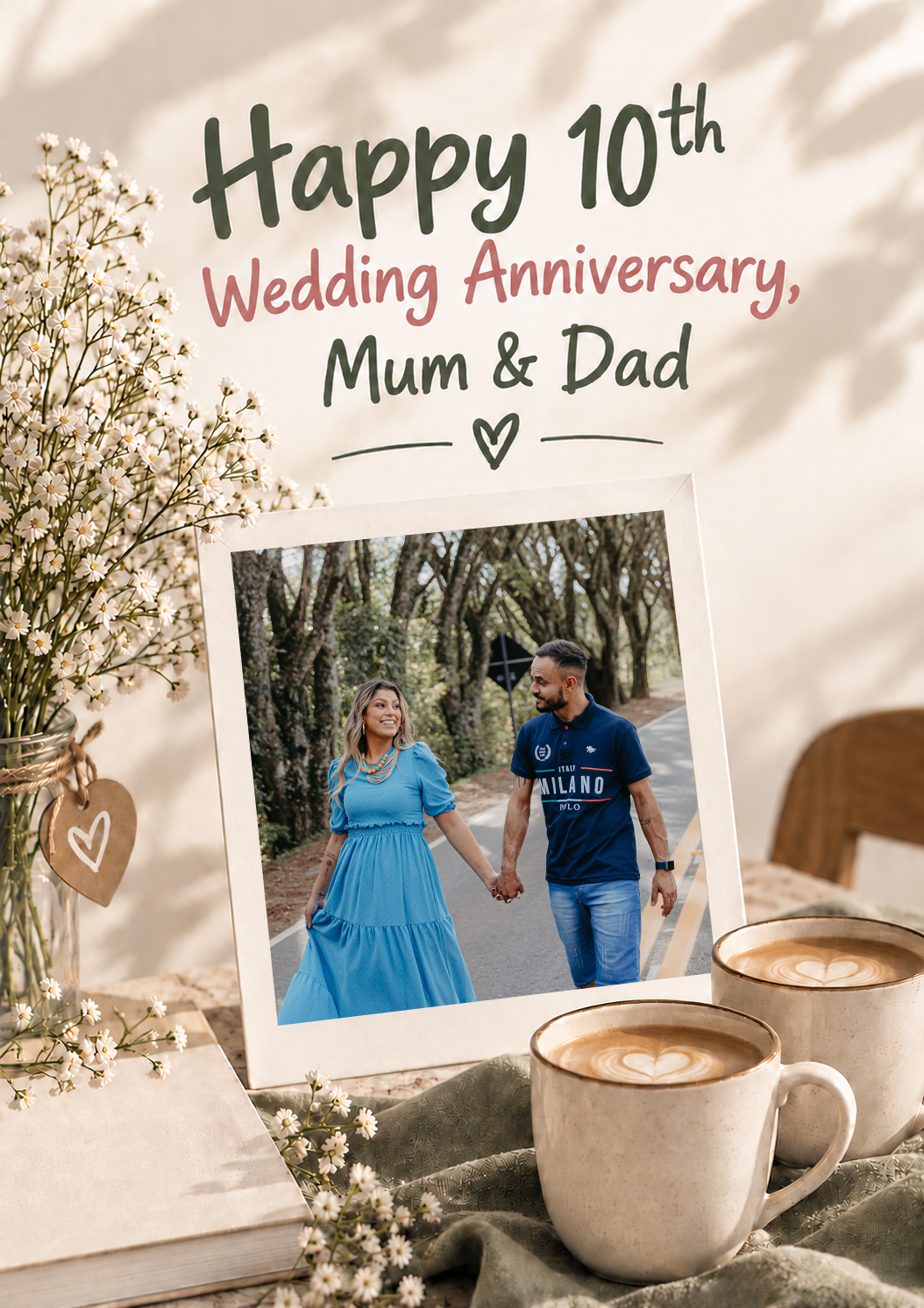 Cosy Floral Frame Mum & Dad Photo Upload 10th Anniversary Card