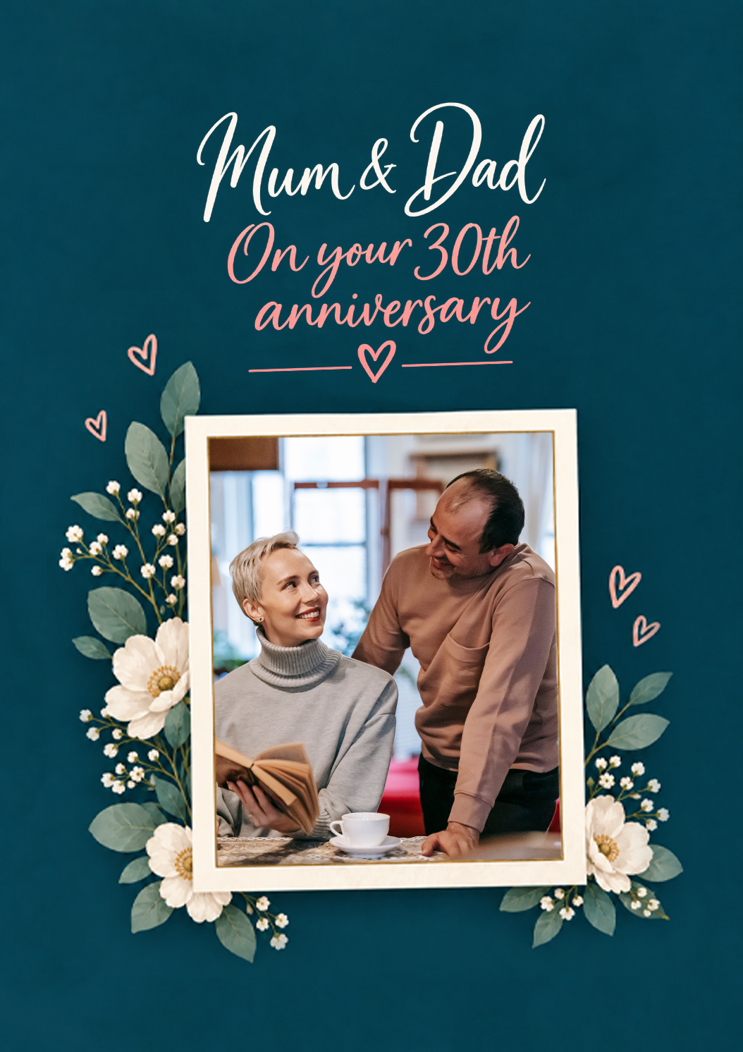Teal Floral Mum and Dad Photo Upload 30th Anniversary Card