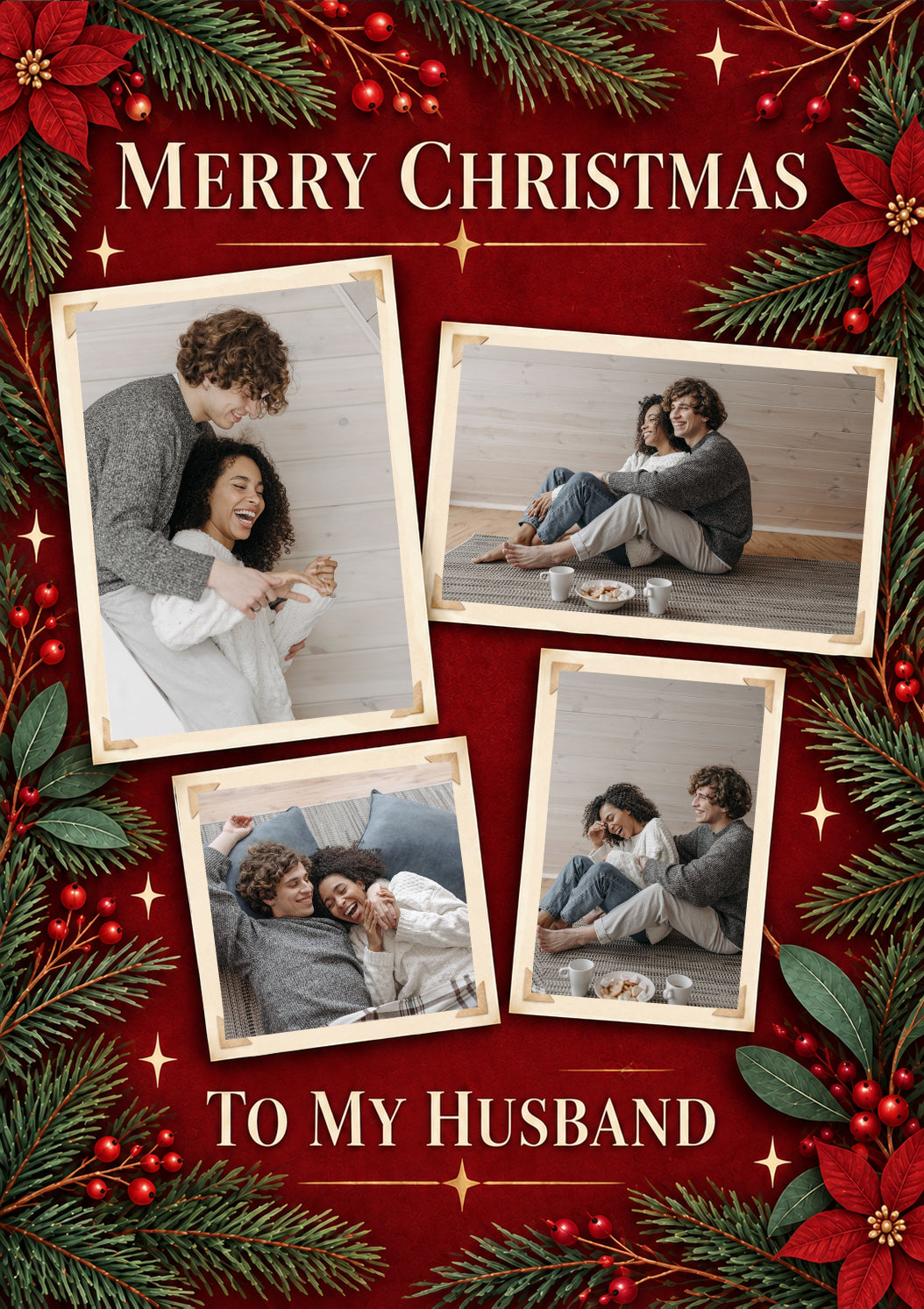 Red Festive Wreath Photo Upload Christmas Card for Him
