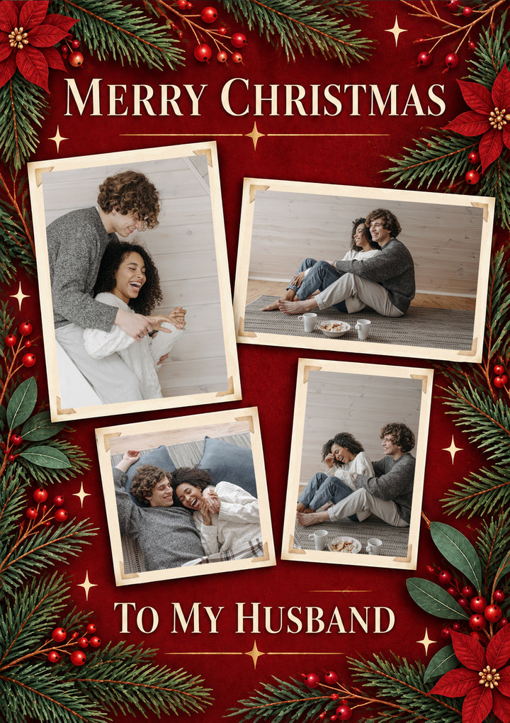 Red Festive Wreath Photo Upload Christmas Card for Him