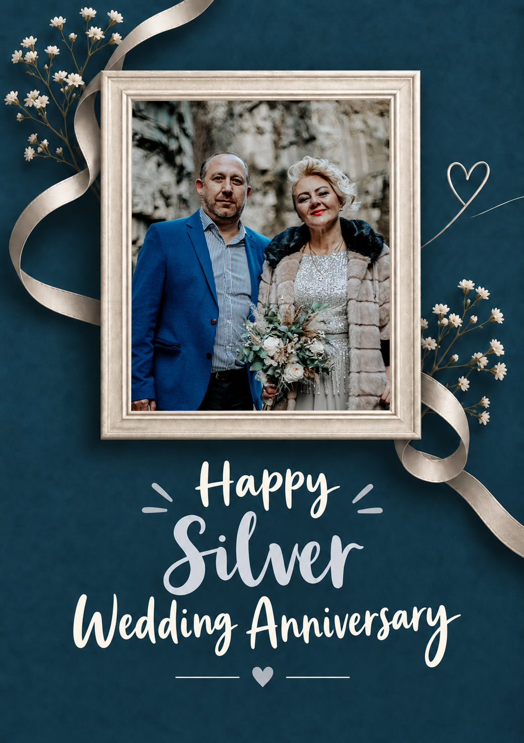 Silver Ribbon Floral Photo Upload 25th Anniversary Card