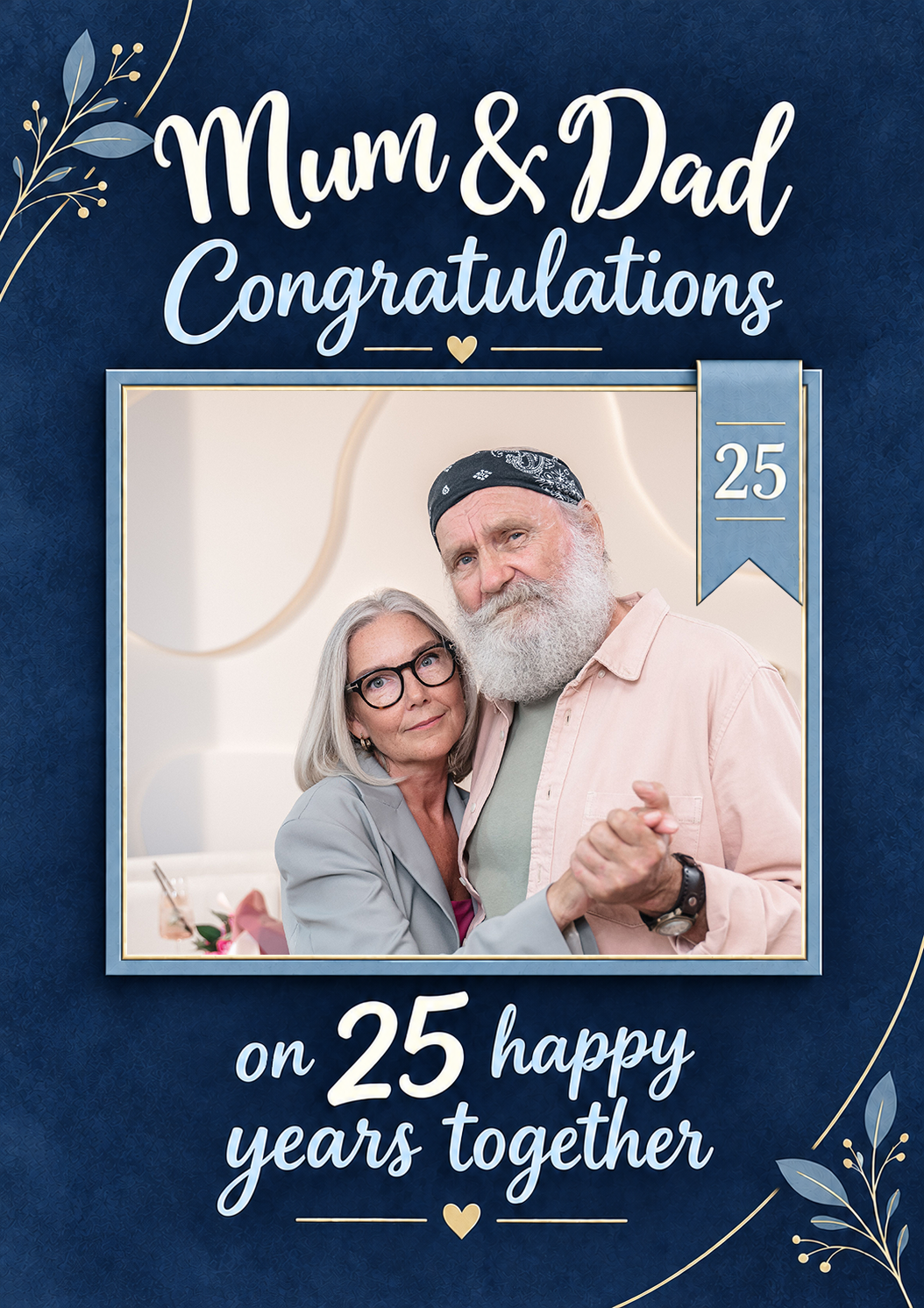 Navy Blue Mum & Dad 25th Anniversary Photo Upload Card