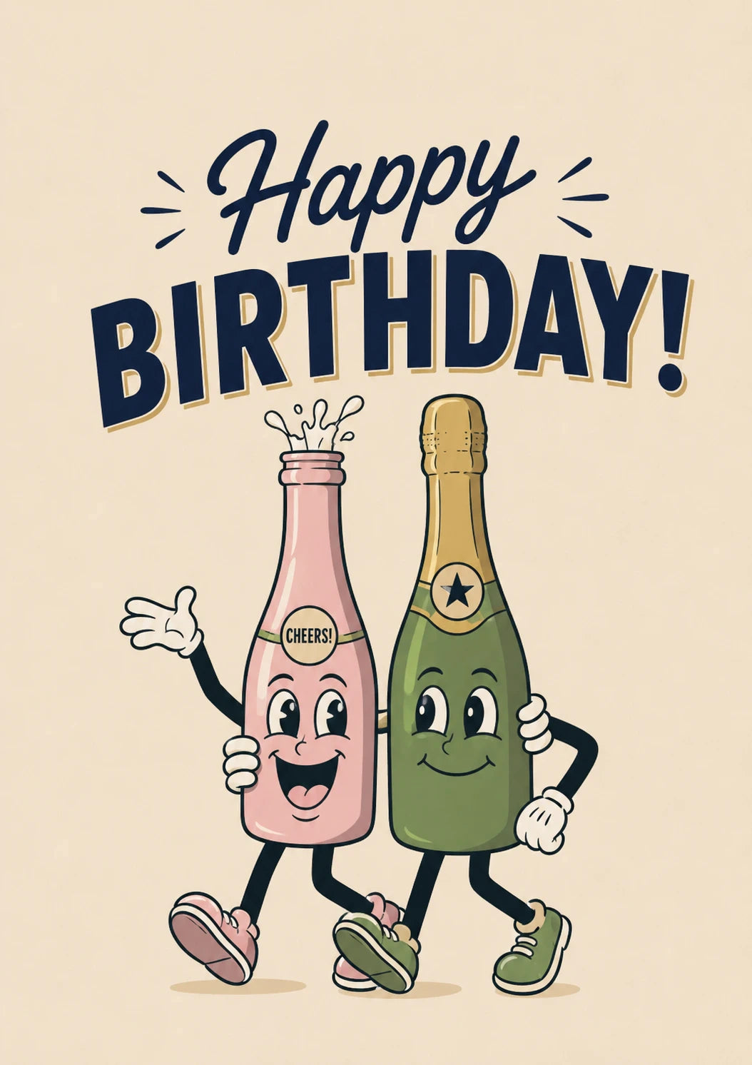 Funny Retro Champagne Bottle Characters Birthday Card