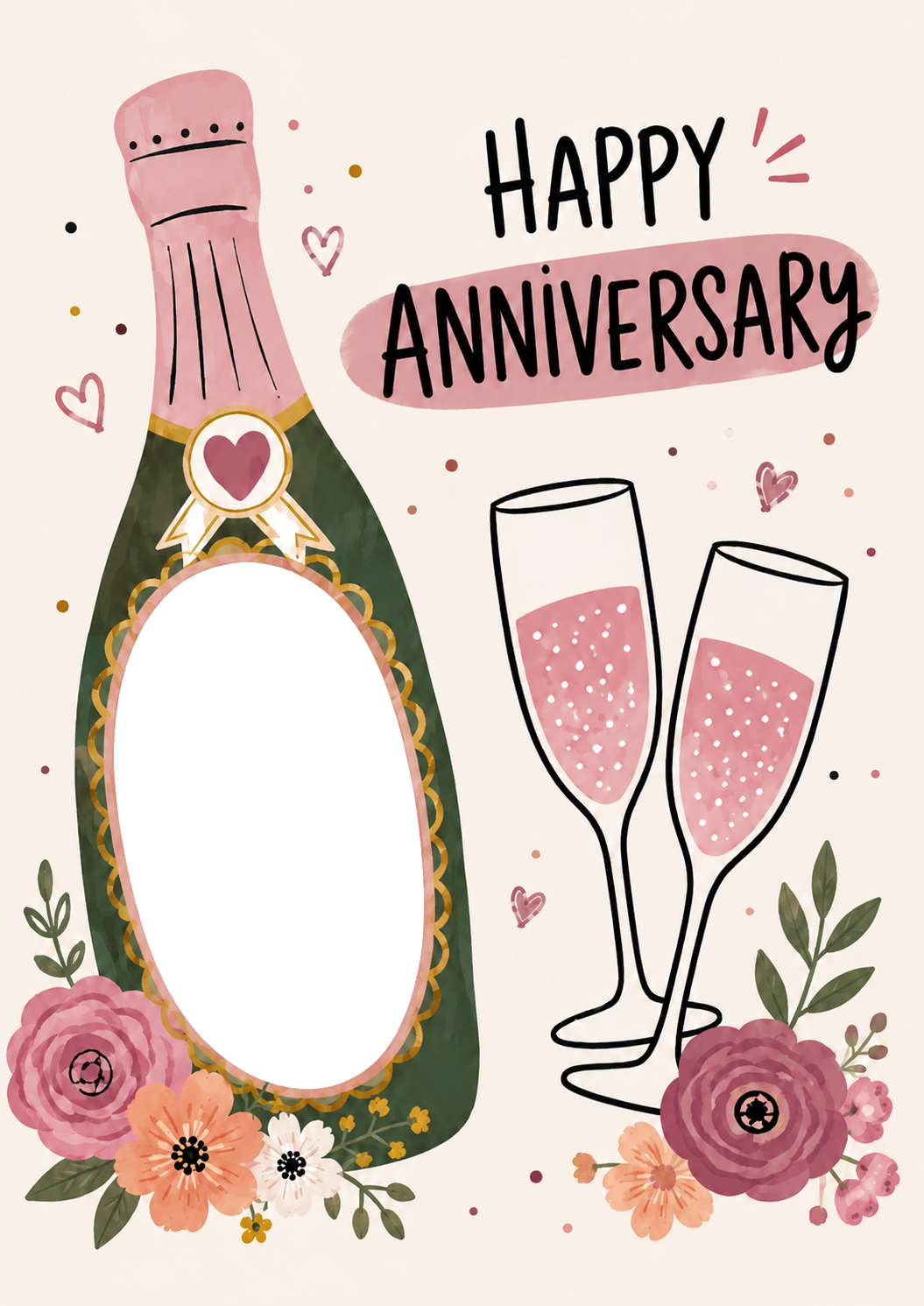 Pink Champagne Bottle Floral Photo Upload Anniversary Card