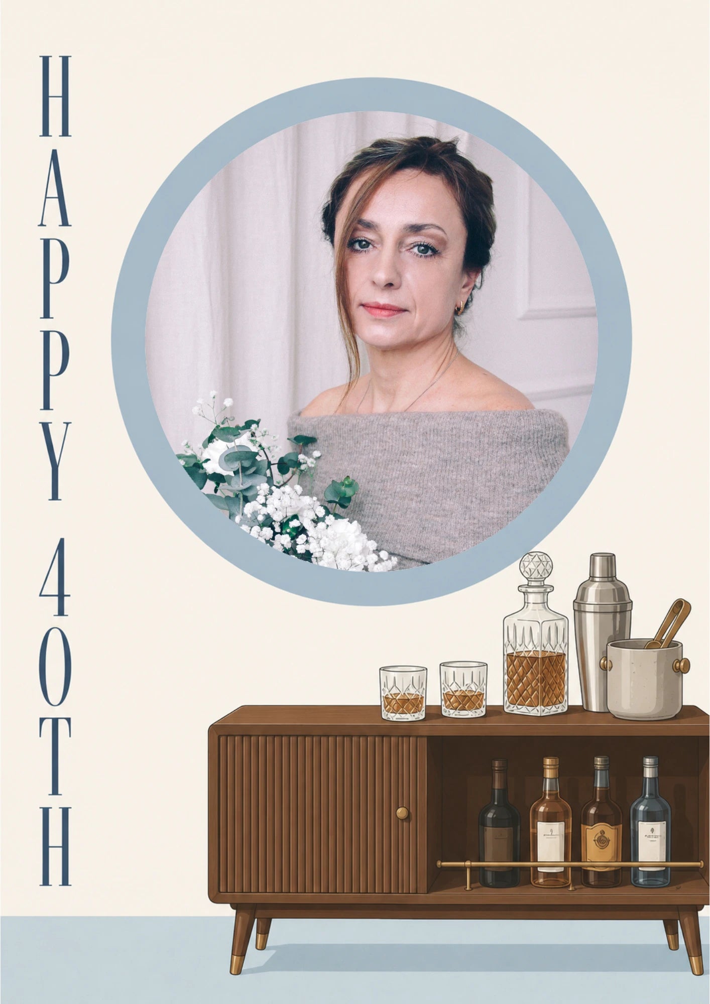 Mid-Century Bar Cart Happy 40th Photo Upload Birthday Card for Her