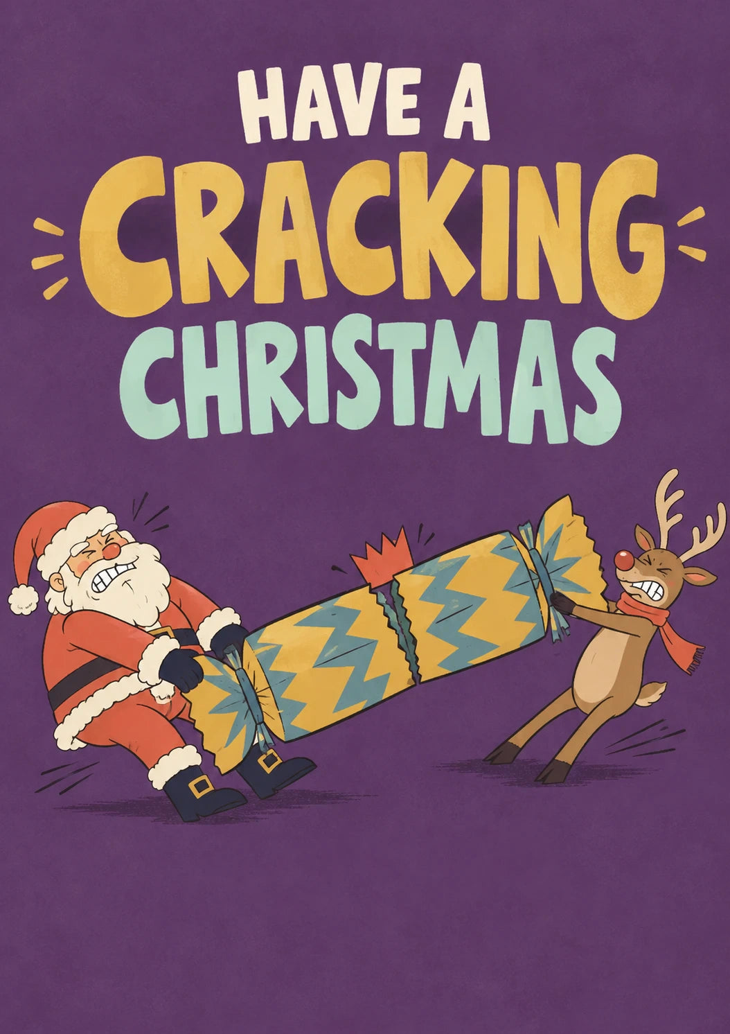 Funny Santa and Reindeer Pulling Cracker Christmas Card for Him