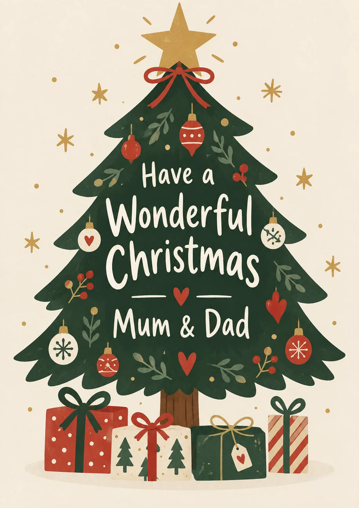 Festive Christmas Tree Illustrated Christmas Card for Mum and Dad