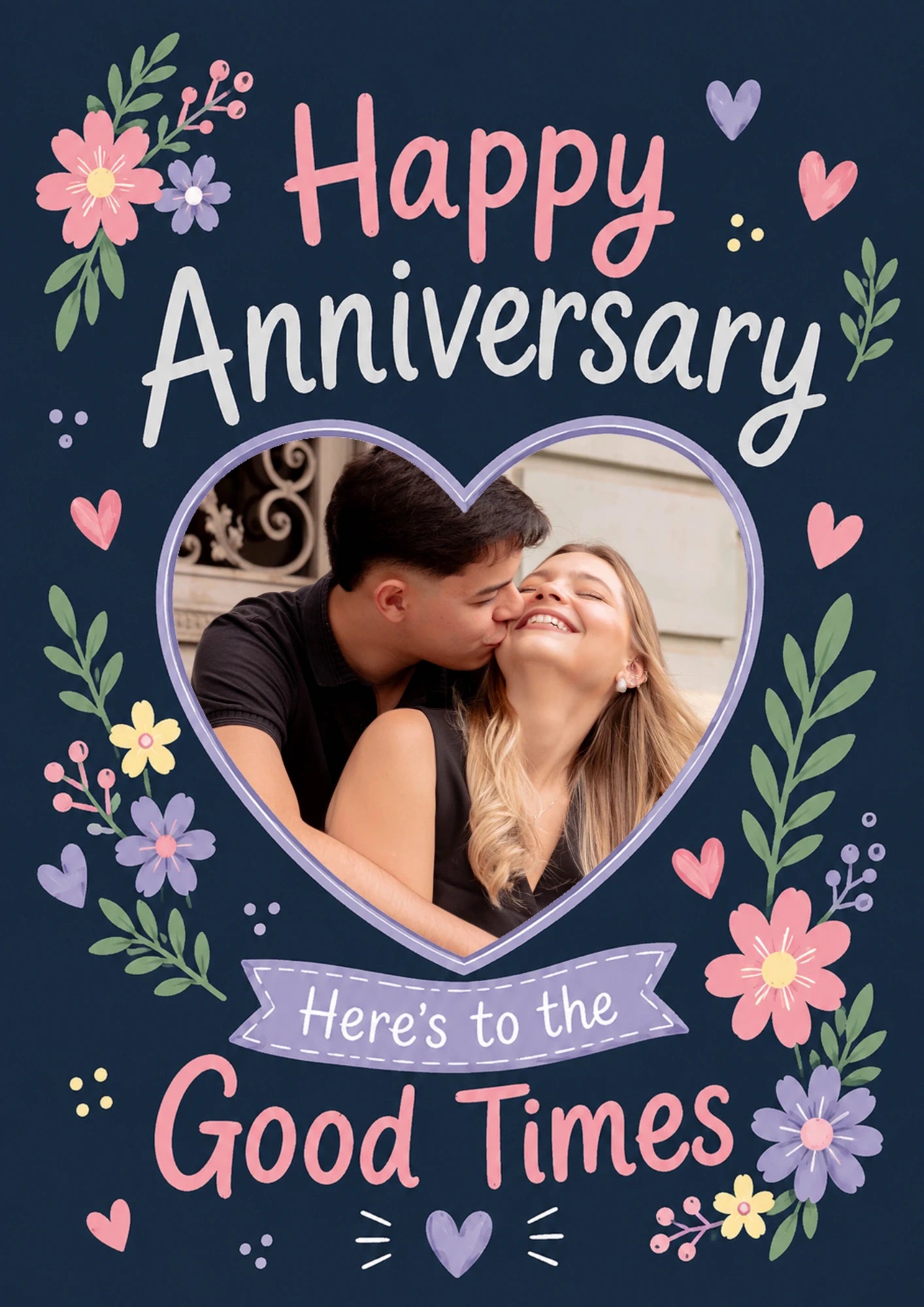 Floral Heart Here's to the Good Times Photo Upload Anniversary Card for Her
