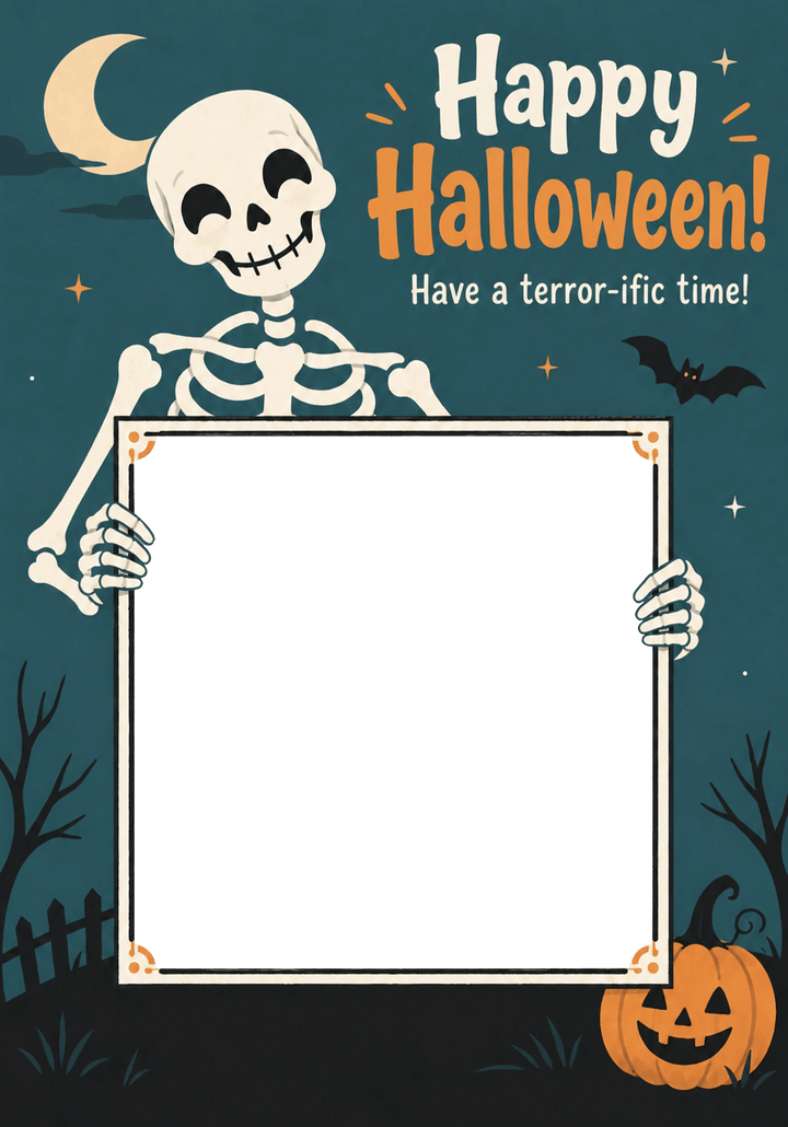 Funny Skeleton Holding Sign Photo Upload Halloween Card for Her
