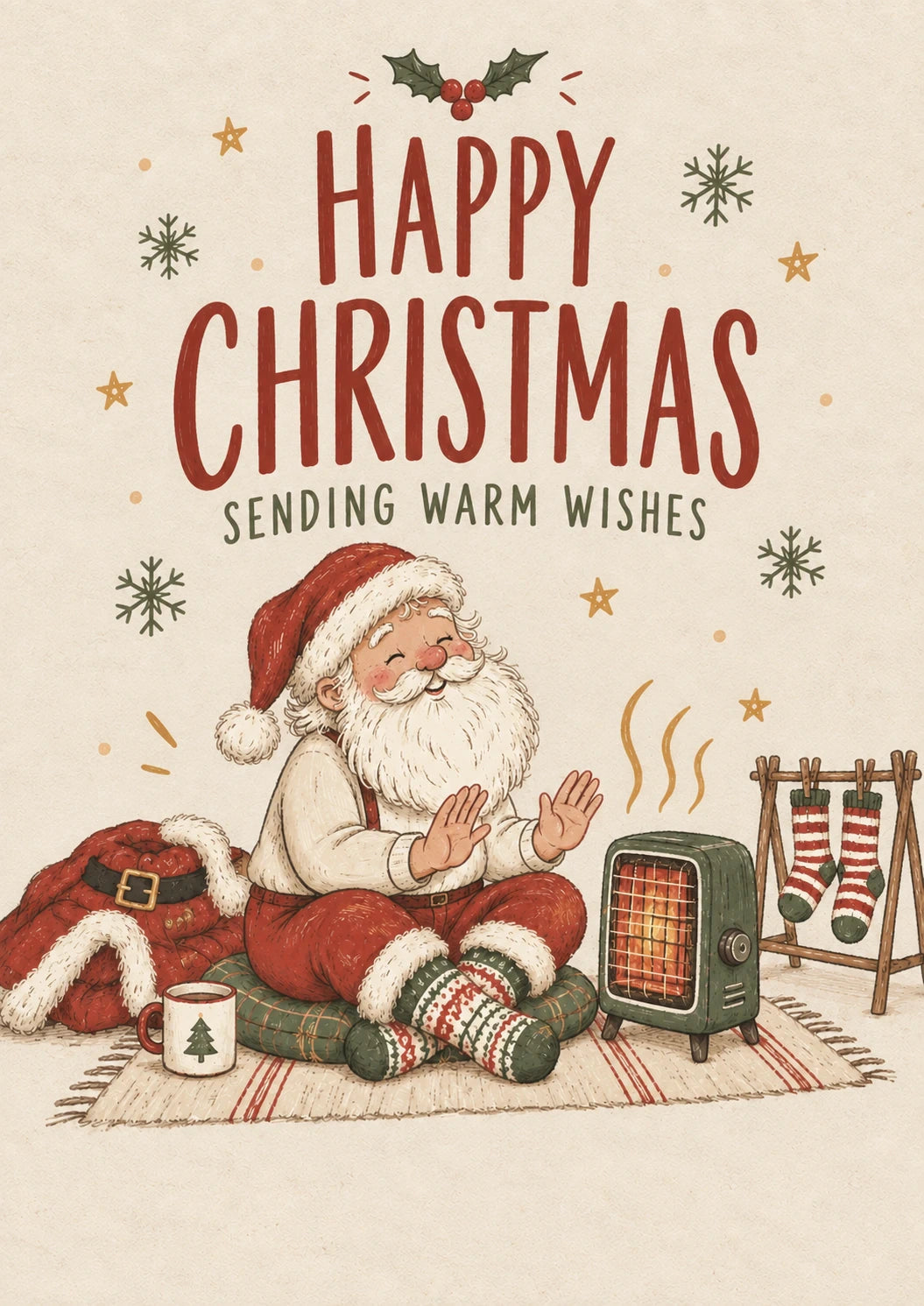 Cosy Santa Warming Up Happy Christmas Card