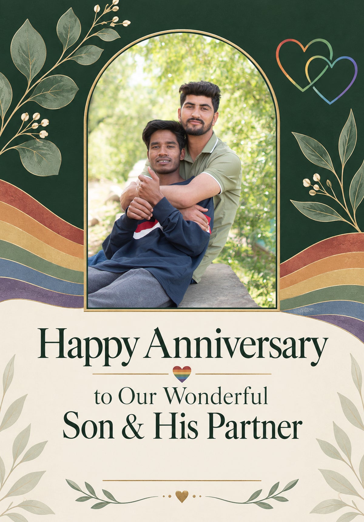 Rainbow Hearts Son and His Partner Photo Upload Anniversary Card