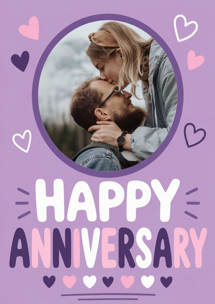 Colourful Hearts and Typography Photo Upload Anniversary Card